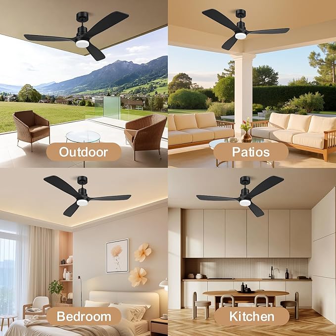 Obabala 52inch Ceiling Fan with Light and Remote Control Outdoor Ceiling Fan with 3 Blades Wood Reversible DC Motor for Patio, Porch, Bedroom, Living Room (Black)