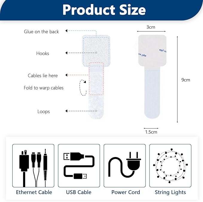 50 PCS Hook and Loop Cable Ties, Under Desk Cable Management, Self Adhesive Cable Clips Straps, Sticky-Back Cord Organizer, Wire Organizer for TV PC Laptop Ethernet Desktop, White