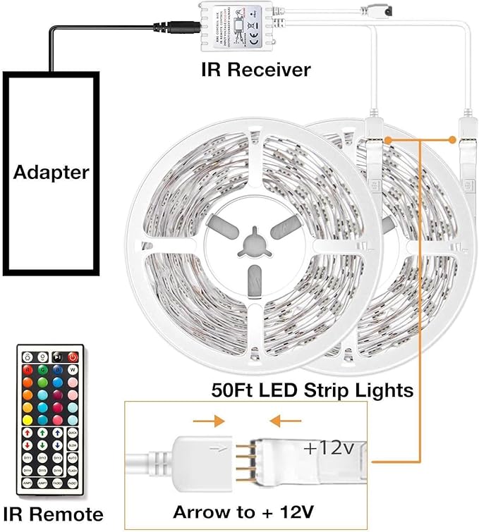 VOLIVO LED Strip Lights 50 FT,Color Changing Led Light Strips Kit with 44 Keys IR Remote Control, Lighting for Bedroom, Room, Home Decoration