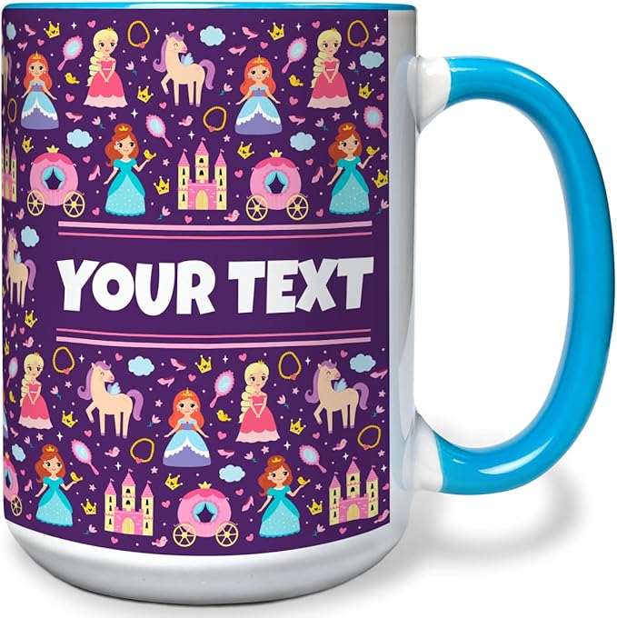 Personalized Mug for Kids - Princesses - Custom Name/Text, Ceramic Hot Chocolate/Cocoa/Coffee Cup for Girls, Birthday/Christmas/Holiday Gift - 15 oz, Light Blue Handle