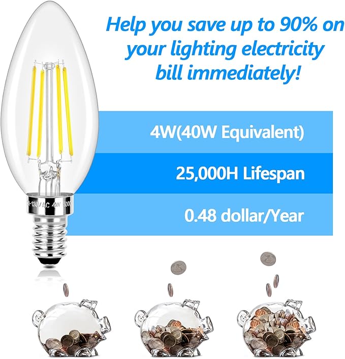 LED Candle Bulbs 40W Equivalent Dimmable, E12 Candelabra Light Bulbs 4W 470Lm Clear Edison LED Bulb, Daylight White 5000K B11 Classic Bright Filament Bulb, Decorative Lights for Lamps, Pack of 5