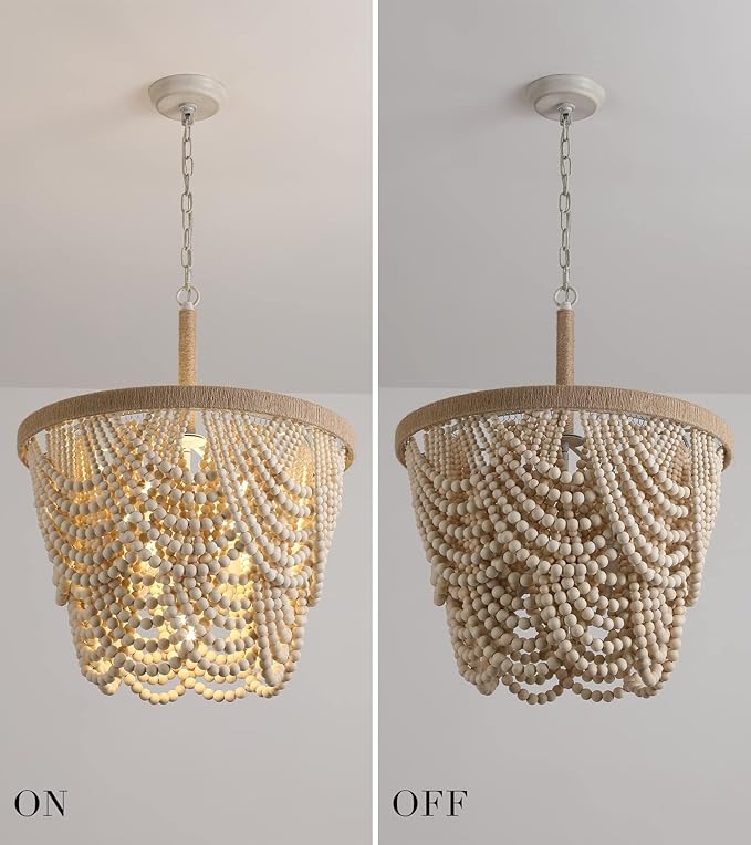 Q&S Boho Wood Beaded Chandelier,Farmhouse Coastal Large Bohemia 5 Lights for Dining Room Kitchen Living Room Entryway Foyer Hotel W19.9 UL Listed