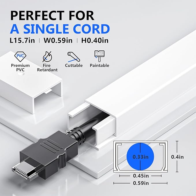 Delamu Cord Cover, 142in Wire Covers for Cords on Wall, Small Cord Cable Hider for 1 Wire, Ease Installation Cords Hider for Wall Mount TV, Paintable Cable Cover Raceway, L15.7 W0.59 H0.4in, White