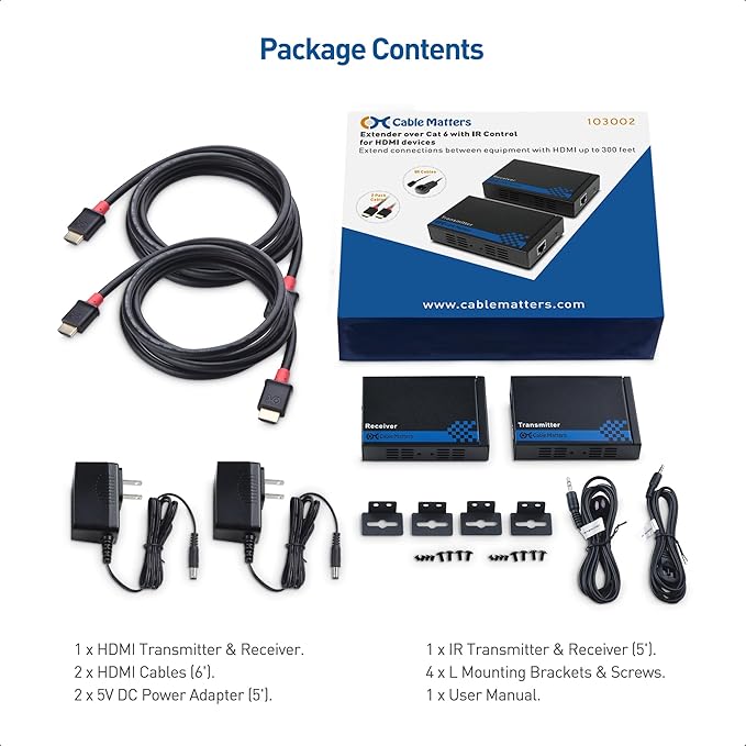 Cable Matters Wall Mount HDMI Extender with TCP/IP - Up to 300 Feet, 1080P, 1-to-Many Setup, HDMI Over Ethernet Extender (Model: 103002)