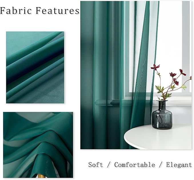 DUALIFE Hunter Green Sheer Curtains 96 Inch Length,Look Semi Sheer Curtain Drapes for Living Room Bedroom Loft Kitchen Bathroom Privacy Voile Window Treatment Panels,52 x 96 Inches,Set of 2