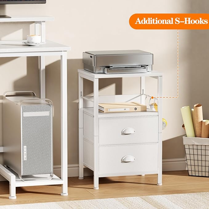 Furologee Nightstands Set of 2, End Table with 2 Fabric Drawers, Night Stand with 2 Hooks, Open Wood Shelf Bedside Table for Bedroom/Living Room/White