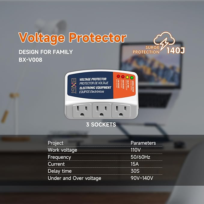 BXST Surge Protector 3 Outlet Power Voltage Protector for Home Protects Against High and Low Voltage Brownout Surge Protector for Refrigerator/TV/PC 15A, 120V, 1800W (2 Pack)