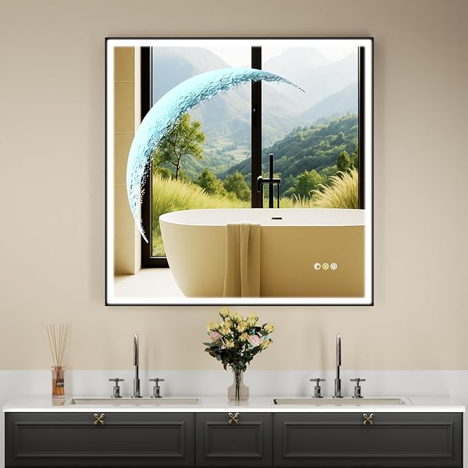 LED Bathroom Mirror, 32x32 inch Square Black Frame Mirror with 3 Color Lights, Half Moon Light, Defogger, Wall Mounted LED Vanity Mirror for Bedroom, Entryway, Living Room, Home Decor