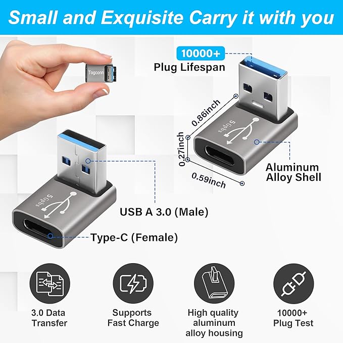 90 Degree USB to USB C Adapter 2 Pack, Up and Down Right Angle USB C Female to A Male Charger Connector Converter USB L Shape Extender, Support Charge & Data Sync for PC, Laptop, Mouse, Keyboard