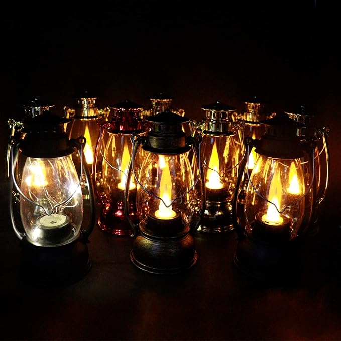 (12 Pcs-5.1in) Mini Lanterns for Vintage Western Christmas Decor, Lightweight Bronze Small LED Lanterns Decorative Indoor & Outdoor Hanging Ornaments for Weddings Party Halloween Decorations