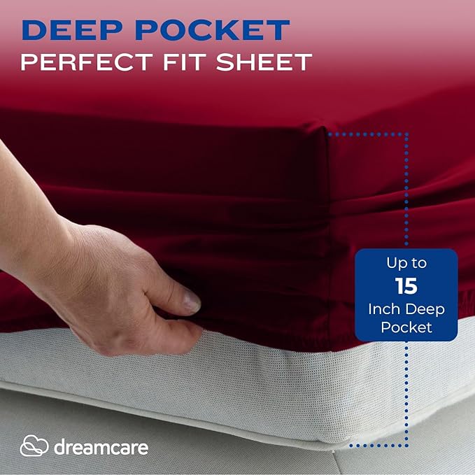 DREAMCARE Queen Size Sheets - Cooling Bed Sheets - 4pcs Set - up to 15" Deep Pocket Queen Sheet Set - Sheets Queen Size Bed - Soft & Long Lasting 100% Fine Brushed Polyester with Side Pocket -Brgndy