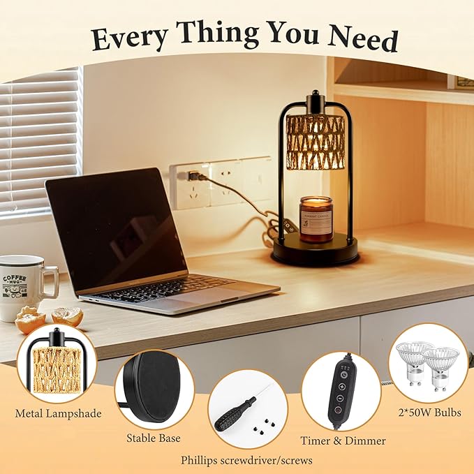Candle Warmer Lamp Wax Light: Electric Melt Warming Lamps for Yankee Candles with Timer Dimmable for Birthday Christmas Gift, Room, New House, Bedroom, Vintage Home Decor (Black + Brown Hemp Rope)