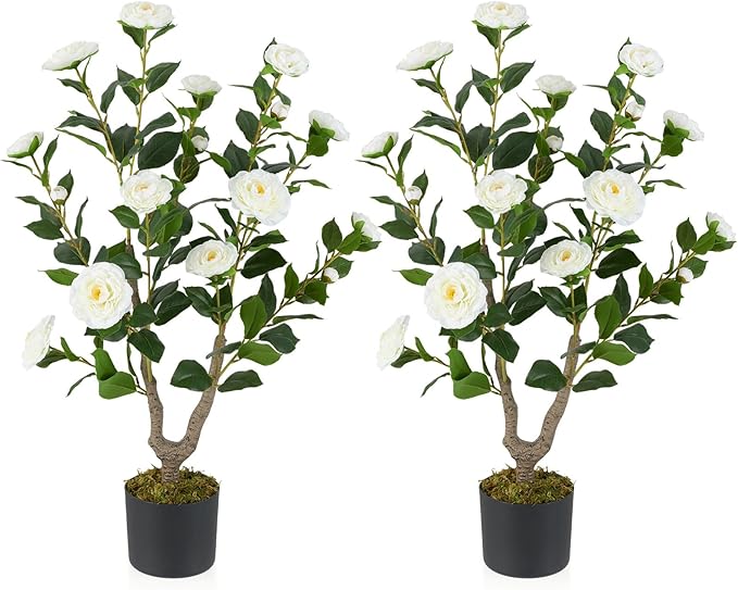 GOFLAME 3FT Artificial Camellia Tree, 2 Pack Faux Camellia Plant with White Flowers, Solid Wood Trunk, Realistic Moss, Greenery Potted Decoration Tree for Indoor Outdoor Home Porch Front Door