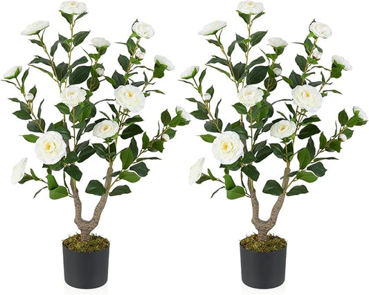 GOFLAME 3FT Artificial Camellia Tree, 2 Pack Faux Camellia Plant with White Flowers, Solid Wood Trunk, Realistic Moss, Greenery Potted Decoration Tree for Indoor Outdoor Home Porch Front Door