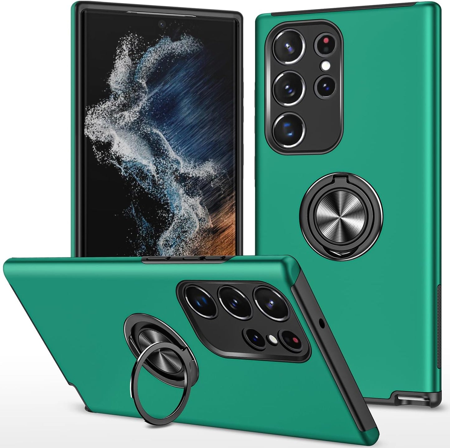 Galaxy S24 Ultra Case, Military Grade Shockproof Protective Case with Built-in Ring Holder Kickstand (Dark Green)