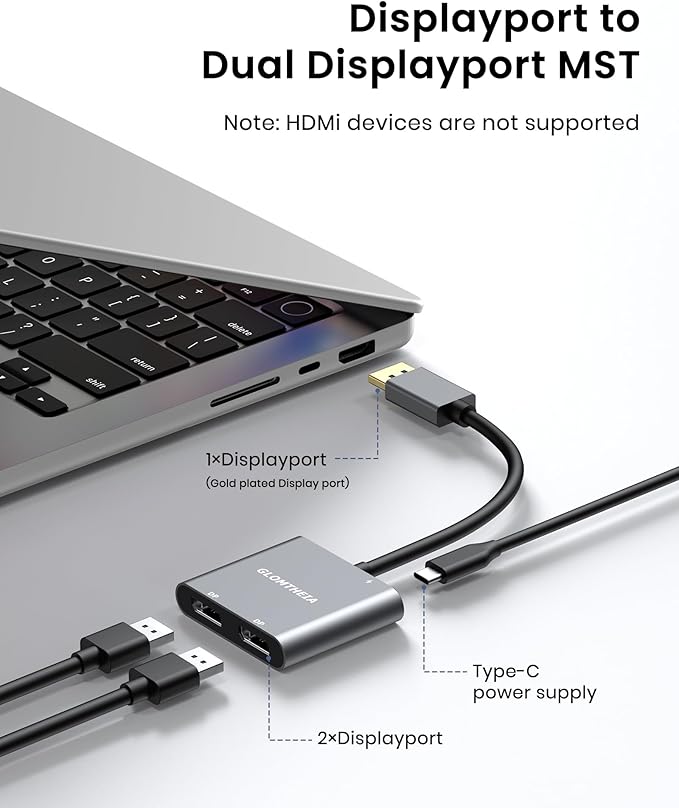 DisplayPort to Dual DisplayPort Splitter Adapter, 4K 60Hz MST Hub for Dual Monitor Setup, 1 in 2 Out DP Splitter for Extended/Mirrored Modes