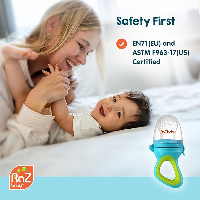 RaZbaby Baby Solids/Frozen Fruit Feeder Pacifier, Infant Teether Toy 6M+, BPA-Free Silicone Pouch & Nipple, Safely Introduce Solids, Natural Teething Relief, Dishwasher Safe, Freezable – Blue/Green