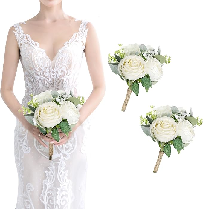 Bridesmaid Bouquets Set of 2 - Ivory White Artificial Flowers Bouquet for Bridesmaids Wedding Small Floral Centerpieces for Marriage Proposal Party Anniversary Dining Table Decor -7 Inch