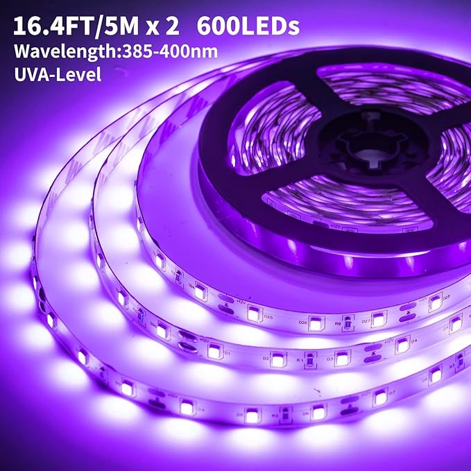 Upgraded 33ft/10M LED Black Light Strip Set with Remote, 600 LEDs, 12V Self-Adhesive Dimmable Black Light Fixture, for Dance Parties, SMD2835 LED Lamp Beads, Non-Waterproof