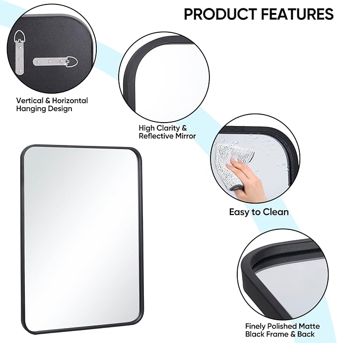 SUPER DEAL 22x30 Inch Black Wall Mirror for Bathroom, Wall Mounted Rectangular Entryways Decor Vanity Mirrors with Stainless Steel Metal Frame and Rounded Edge