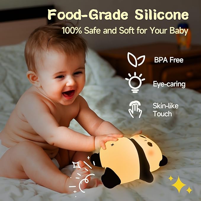 Rechargeable Cute Panda Night Light, 3 Level Dimmable Nursery Nightlight with Timer, Silicone Light Cute Animal Night Lamp for Breastfeeding Toddler Baby Kids Decor, Squishy Lamps Girls Panda Gifts