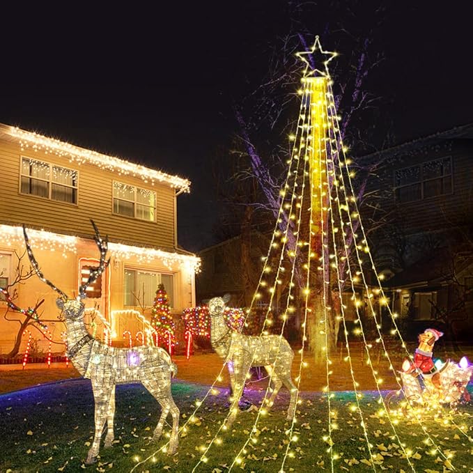 FUNIAO (New) Christmas Decoration Lights, 320 LED Waterfall Christmas Tree Lights with 12" Star Topper, 8 Modes Indoor Outdoor String Lights for Yard, Party, Home, Holiday (Warm White)
