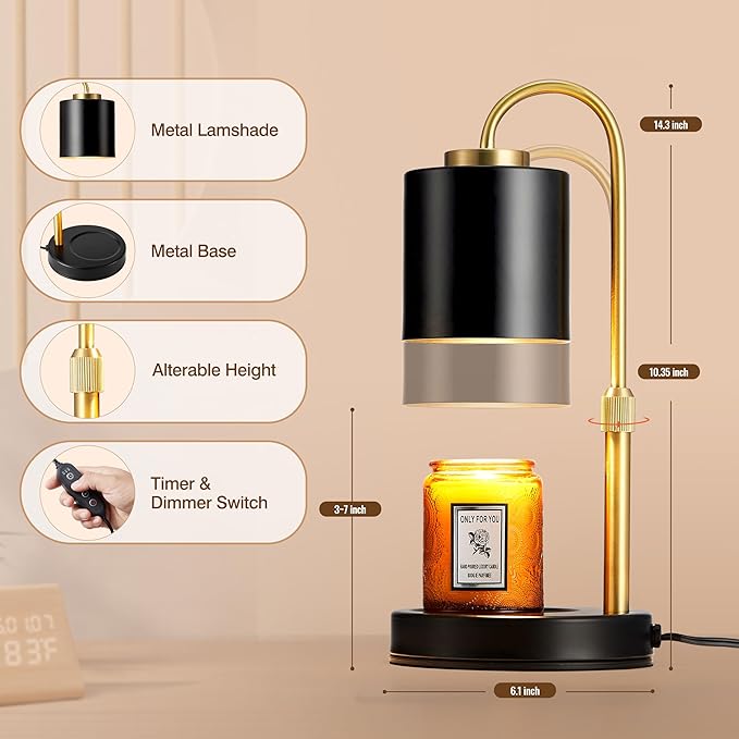 CASTLELIFE Candle Warmer Lamp with Timer & Dimmer, Height Adjustable Electric Wax Melt Warmer for Jar Candles, Gifts for Mom Home Decor, Black Gold