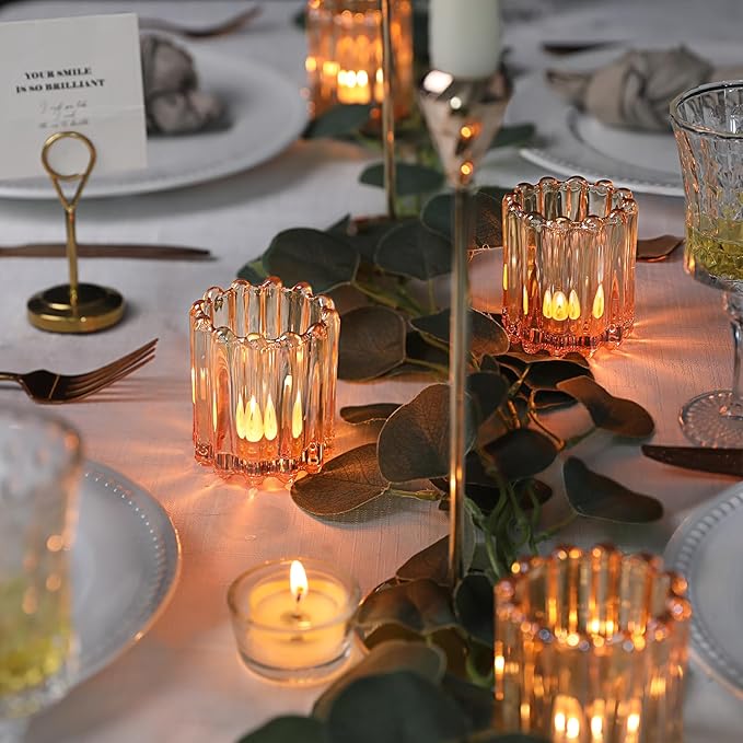 Glass Gold Votive Candle Holder, Ribbed Votive Candle Holders Set of 12, Tealight Candle Holder for Wedding Centerpieces Dinner Party Table Decor