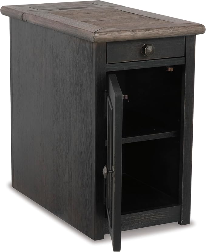 Signature Design by Ashley Tyler Creek Rustic Chair Side End Table with Pull-Out Tray & USB Ports, Brown