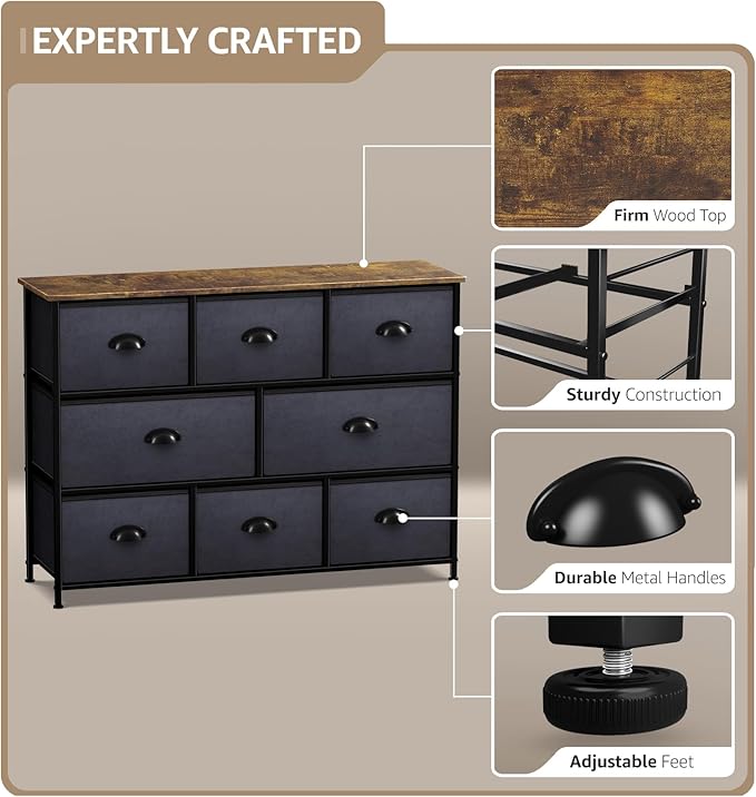 Sorbus Dresser with 8 Drawers - Chest Organizer Unit with Steel Frame Wood Top & Handle Easy Pull Fabric Bins for Clothes - Wide Storage Furniture for Bedroom, Hallway, Living Room, Nursery & Closet