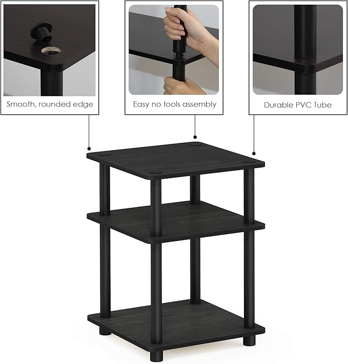 Furinno TURN-N-TUBE Side Table, 3-Tier End Table, Open Shelves Nightstand, Night Stand, Bedside Table, Easy Assembly, for Living Room, Bedroom, Blackwood