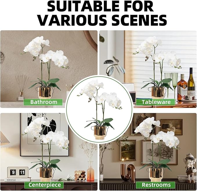 CXGS Orchids Artificial Flowers Real Touch Fake Flowers in Ceramic Pot 20" White Faux Orchid Plant Lifelike Silk Phalaenopsis for Centerpiece Hotel Home Indoor Decor