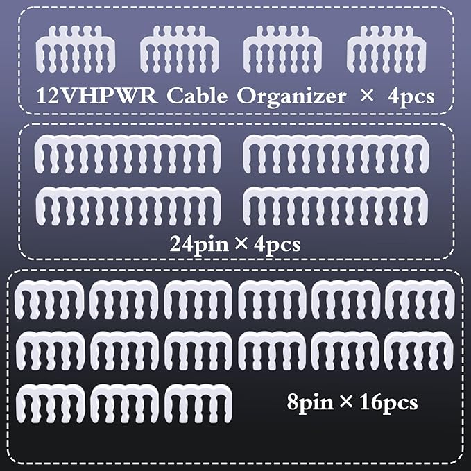 Sirlyr PSU Wire Management Kit – 24 PCS PC ATX Power Supply Cable Organizer Clips (12VHPWR x4, 24 Pin x4, 8 Pin x16) – 3mm to 3.5mm Wire Gauge – White