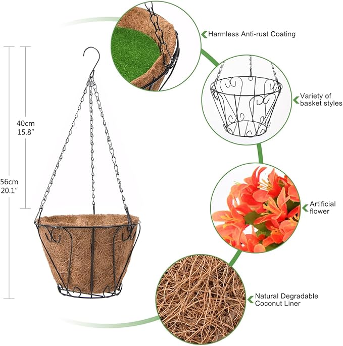 INQCMY Artificial Faux Hanging Plants Flowers in Basket for Outdoor Outside Spring Decor,UV Resistant Fake Silk Violet in Planter Realistic for Home Patio Balcony Garden Yard Decoration(Orange)