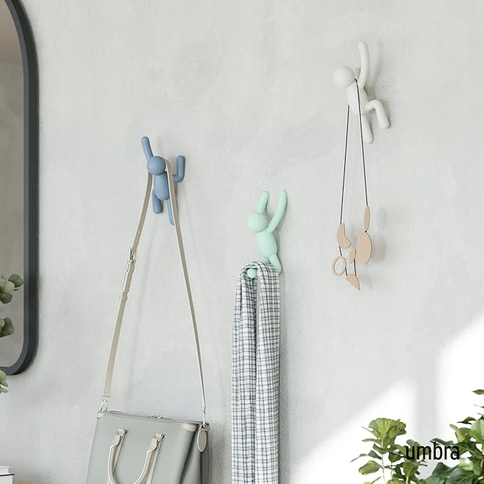 Umbra Buddy Wall Hooks – Decorative Wall Mounted Coat Hooks for Hanging Coats, Scarves, Bags, Purses, Backpacks, Towels and More, Set of 3, Light Multicolored