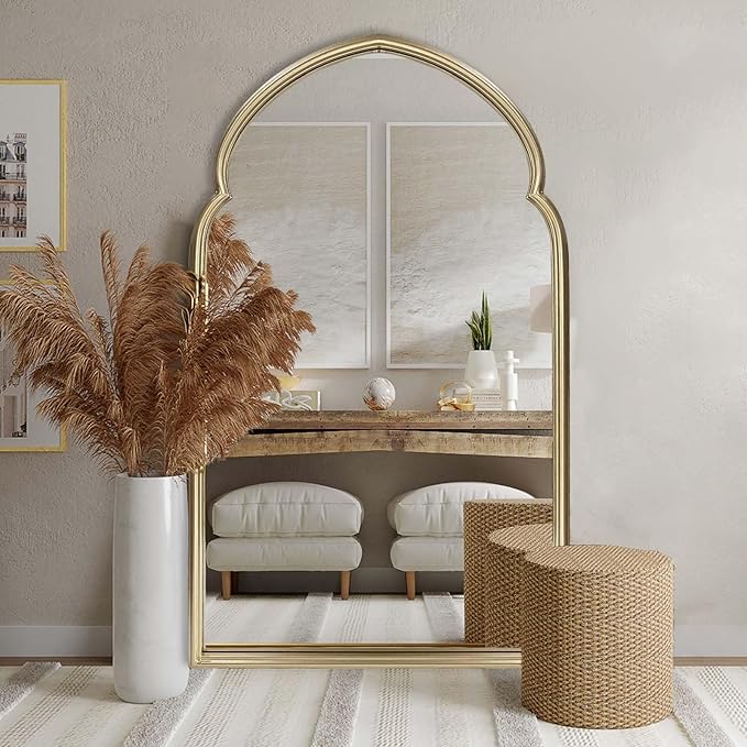 ironsmithn Arched Wall Mirror, Gold Bathroom Mirror, Wall Mounted Decorative Mirror, 38" x 22" Modern Art Oblong Mirror for Master Bath Half Bath Living Room Bedroom Fireplace Entryway