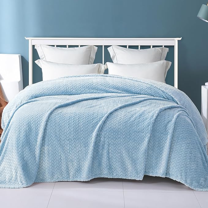 Exclusivo Mezcla Fleece Twin Size Blanket for Bed, 90x66 Inches Soft Cozy Jacquard Flannel Blankets, Lightweight Fuzzy Plush Warm for Winter, Light Blue