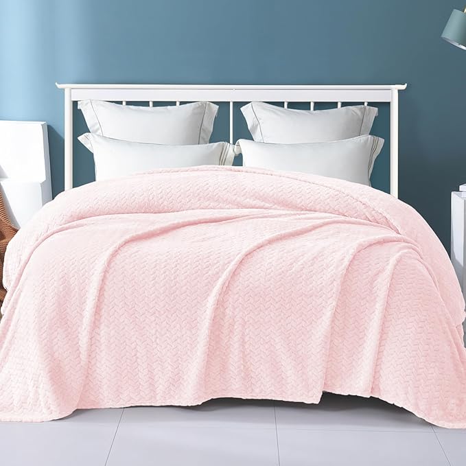 Exclusivo Mezcla Fleece Queen Size Blanket for Bed, 90x90 Inches Soft Cozy Jacquard Flannel Blankets, Lightweight Fuzzy Plush Warm for Winter, Light Pink