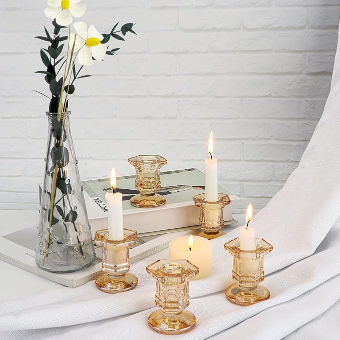Glass Candle Holders Set, 12 Pcs Gold Candlestick Holders Bulk, Taper Candle Holders for Wedding, Festival Table Centerpiece,Home Decoration