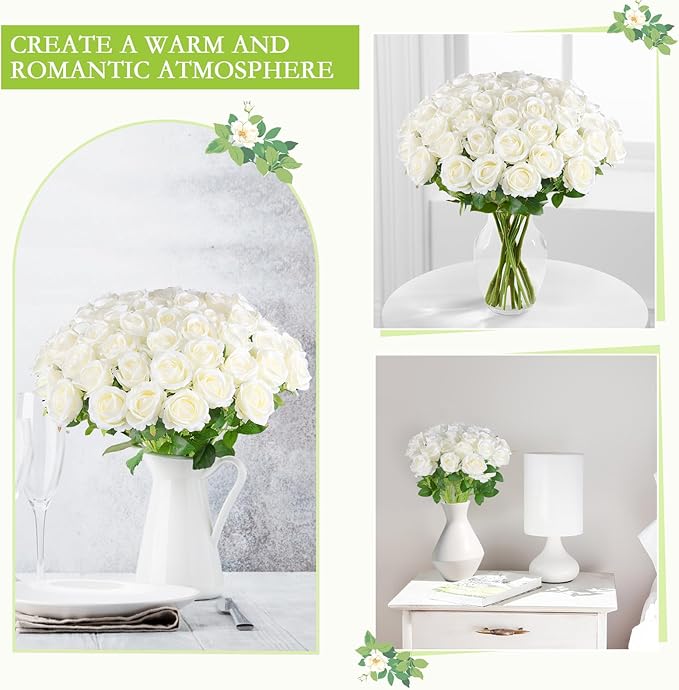 Hananona Artificial Roses in Bulk, Fake Velvet Silk Roses Realistic Rose for Wedding Centerpieces Flower Arrangement Home Decor (50, White)