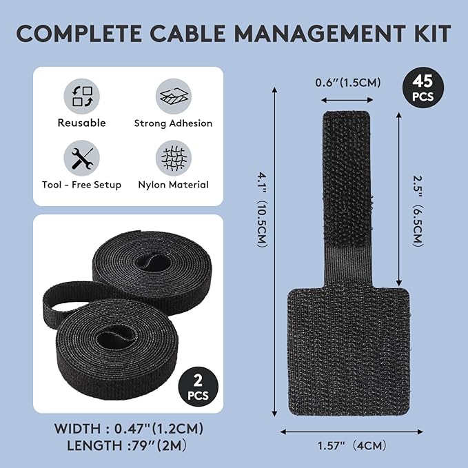 Adhesive Under Desk Cable Management Kit - 45 PCS Sticky Back Velcro Ties + 2 Rolls Extension Straps for No Drill Cord Organization, Home Office (Black)