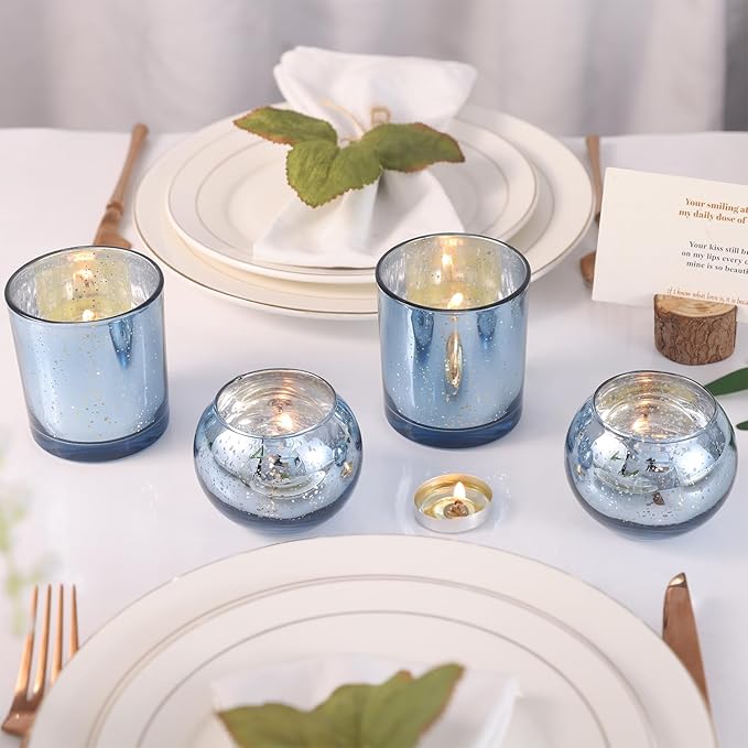 20 Pcs Assorted Blue Votive Candle Holders, Larger Size Mercury Glass Candle Holder Bulk, Glass Tea Light Candle Holders for Wedding Decorations, Blue Centerpieces for Tables, Baby Shower