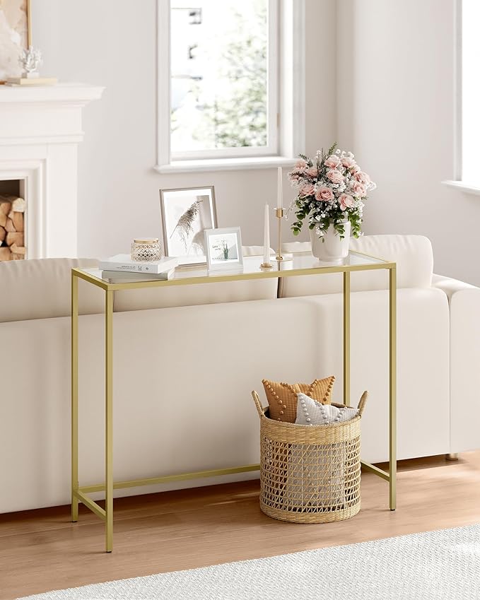 VASAGLE Entryway Table, Console Table, Tempered Glass Tabletop, Modern Sofa Table, Easy Assembly, with Adjustable Feet, for Living Room, Entryway, Pale Gold and Transparent ULGT132A01