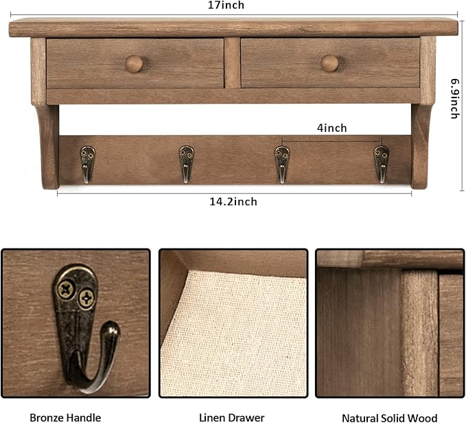 Emfogo Coat Hooks Mounted, Rustic Wood Coat Rack Mount Shelf with Hooks, Farmhouse Coat Rack with Shelf & Coat Hook for Entryway, Mudroom, Bedroom, Kitchen, Bathroom(Walnut)