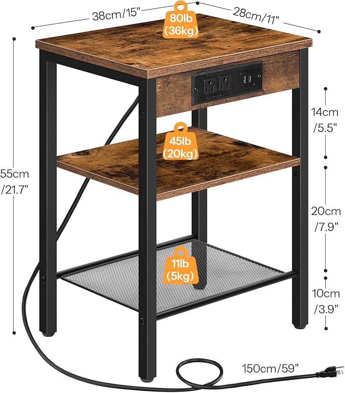 HOOBRO Side Table with Charging Station and USB Port, Small End Table for Small Space, 3-Tier Nightstand with Adjustable Shelf, for Living Room, Bedroom and Balcony, Rustic Brown BF112BZ01