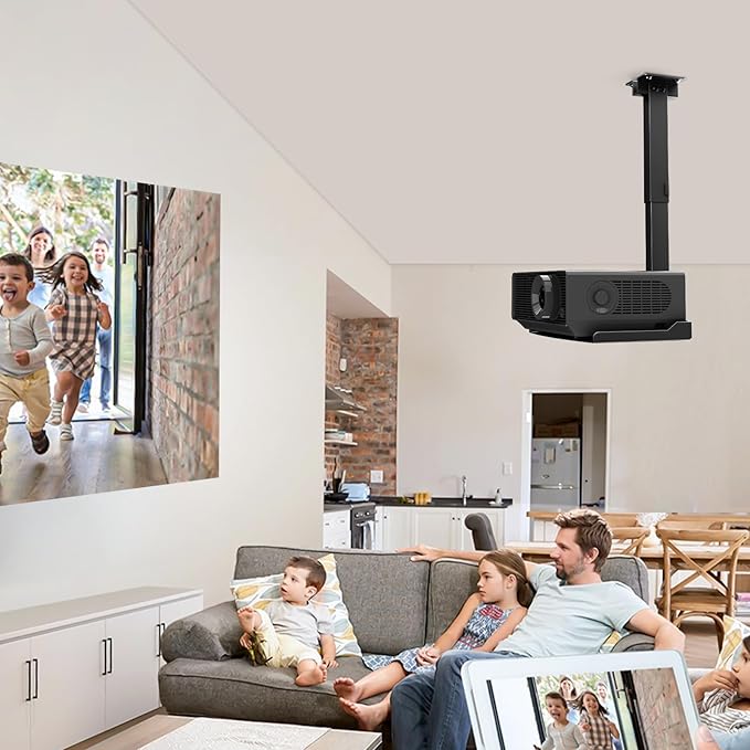 Projector Ceiling Mount with Tray, Adjustable Height Universal Bracket with Concealed Cable Management, No Hole Installation, Holds up to 22 lbs – Ideal for Home Theater & Office (Black)