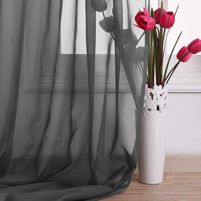 NICETOWN Dark Grey Scarf Valances for Windows, Decorative Soft Voile Sheer Window Scarfs for Farmhouse/Cottage, W60 x L216, Sold by 2 Panels