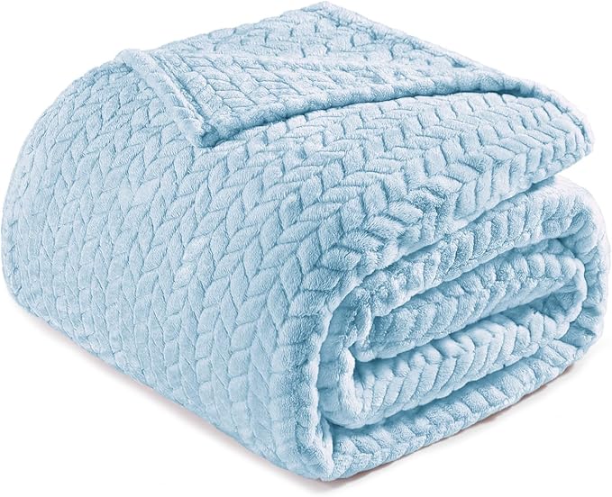 Exclusivo Mezcla Light Blue Fleece King Size Blanket for Bed, 90x104 Inches Soft Cozy 3D Decorative Jacquard Flannel Blankets, Lightweight Fuzzy Plush Warm Blankets for All Seasons
