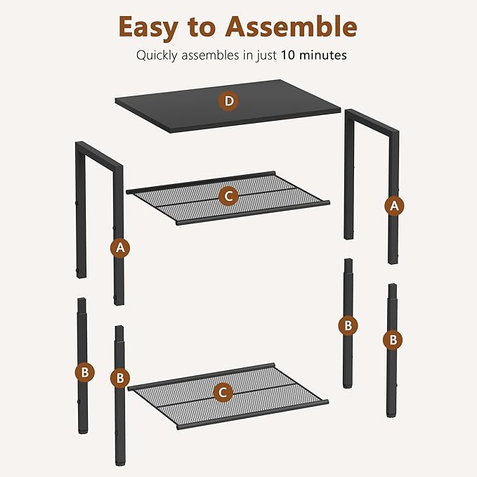 Hoctieon 3 Tier End Table, Telephone Table, Tall Side Table with Storage, Small Nightstand for Small Spaces, Metal Frame, For Living Room, Bedroom, Sofa Couch, Hall, Easy Assembly, Black