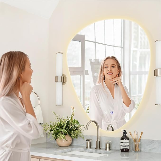 QDSSDECO Irregular LED Bathroom Mirror with Lights,Asymmetrical Led Bathroom Vanity Mirror for Wall with Front and Backlit, Anti Fog, 3 Colors and Dimmable Light, 22" x 28"